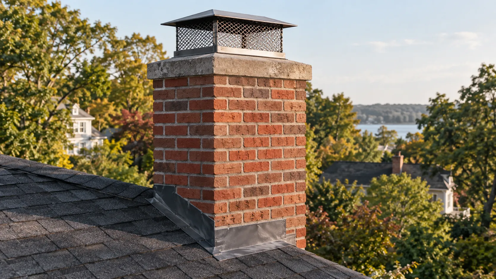Illustrative close view of a metal cap, masonry crown and roof flashing