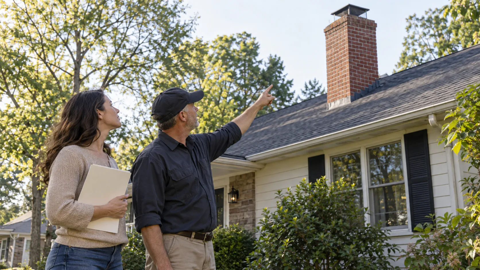 Illustrative homeowner and inspector discussing a chimney from ground level