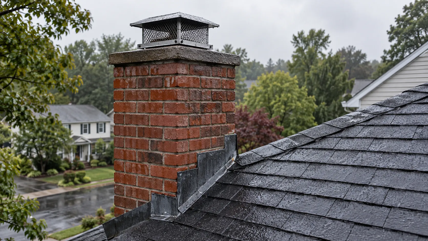 Illustrative brick chimney and wet roof during light rain