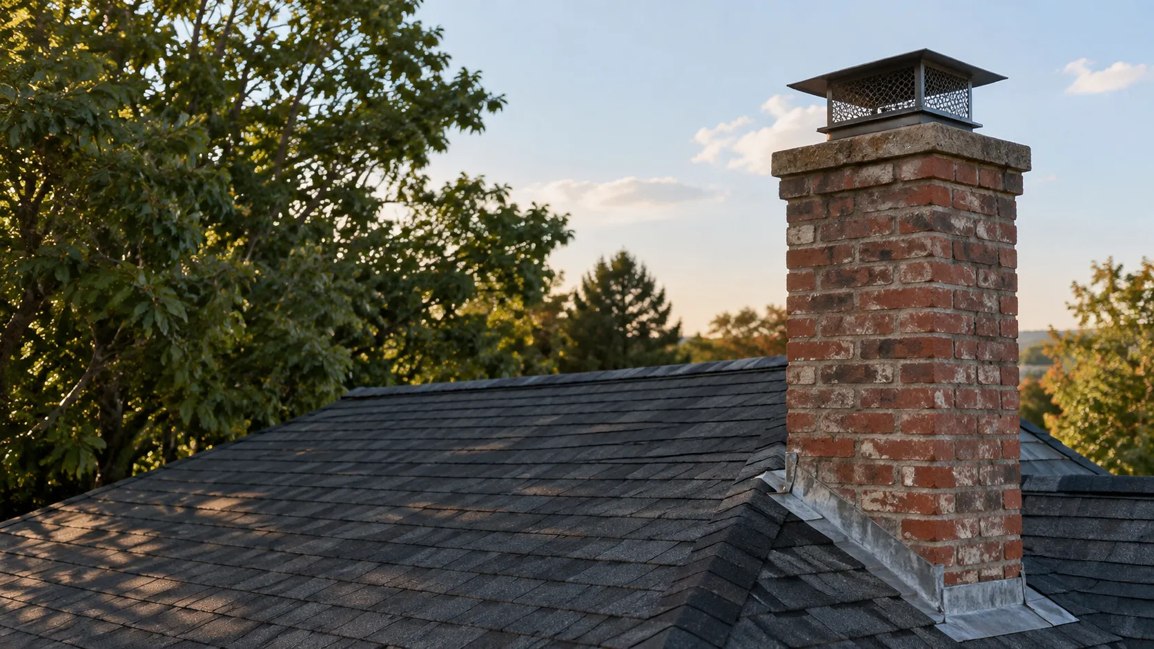Illustrative photograph of a brick chimney and pitched roof surrounded by New York greenery